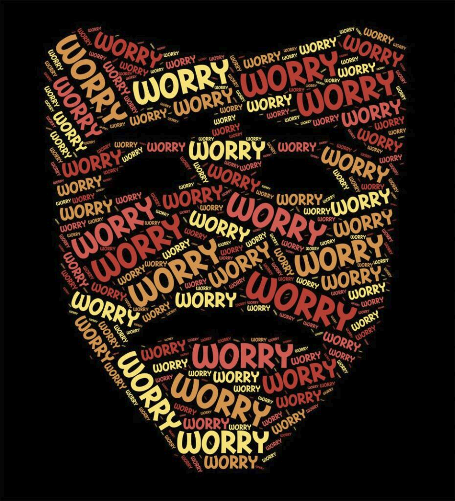 Anxious face made of the word worry repeated in a word cloud